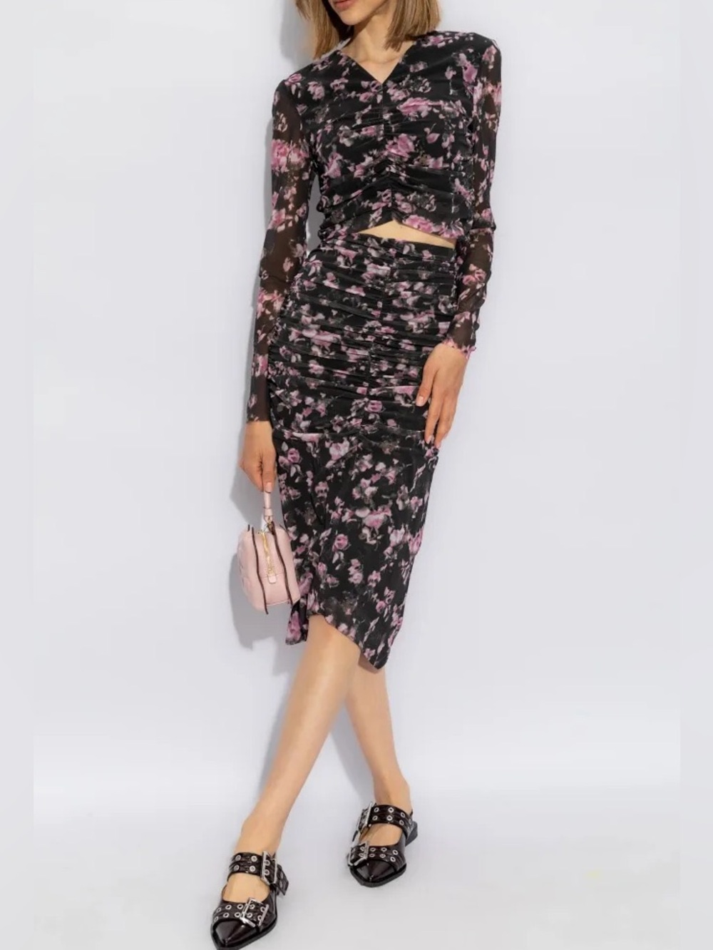 Ganni Black and Pink Floral Ruched skirt